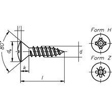 Technische Zeichnung einer Senkkopfschraube mit Form H und Form Z