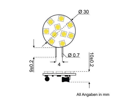 Technische Zeichnung einer LED Leuchte mit Maßangaben in Millimeter.