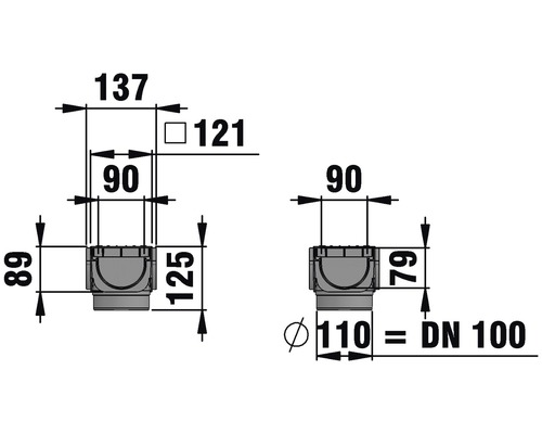 Technische Zeichnung eines Bodenablaufs mit Maßangaben