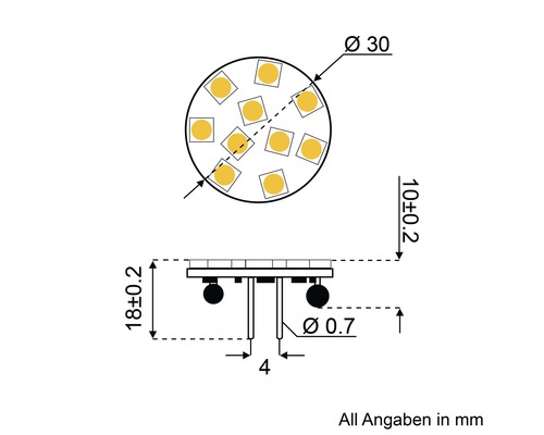 Technische Zeichnung einer LED Lampe mit Maßangaben