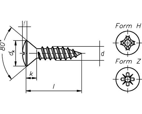 Zeichnung einer Senkkopfschraube mit Form H und Form Z