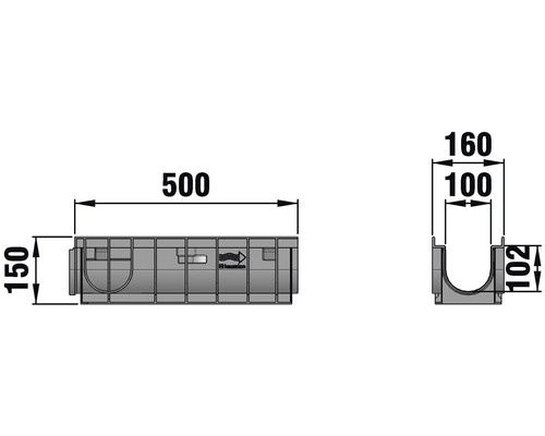 Technische Zeichnung einer Entwässerungsrinne mit Maßen