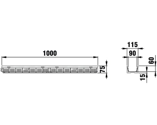 Technische Zeichnung einer Entwässerungsrinne mit Maßangaben