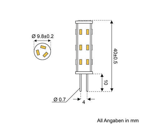 Technische Zeichnung einer G4 LED Lampe mit Maßangaben in Millimeter