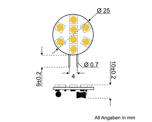 Technische Zeichnung einer LED Lampe mit Maßangaben in Millimetern.