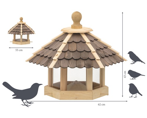 Vogelhaus aus Holz mit Dach und transparenten Wänden, Maße sind dargestellt