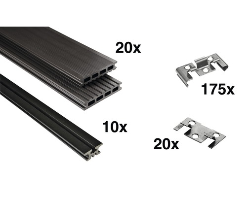 Terrassendielen-Set bestehend aus Terrassendielen und Befestigungsclips