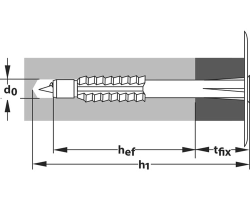 Illustration einer Dübelbefestigung mit Größenangaben