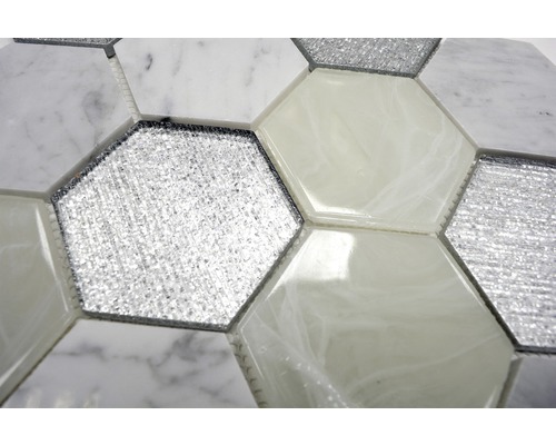Sechseckige Mosaikfliesen aus Marmor, Glas und Glitzer