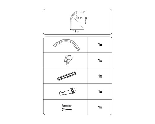 Abbildung der Einzelteile einer Duschvorhangstange mit Maßangaben