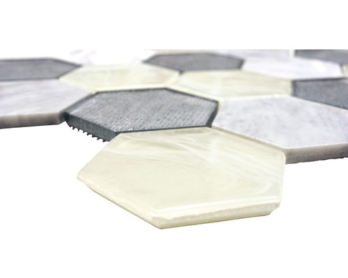 Sechseckige Mosaikfliese aus Marmor, Glas und Stein