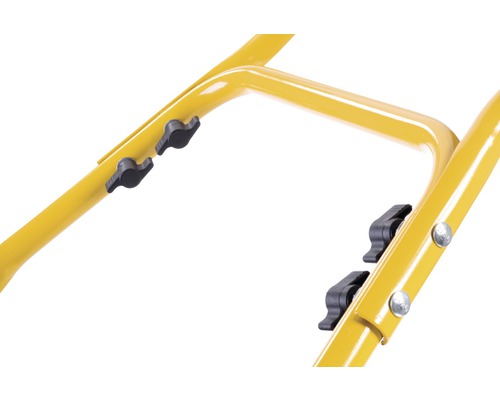 Detailansicht eines gelben Metallrahmens mit Schrauben und Drehknebeln.