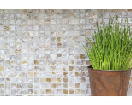 Quadratische Mosaikfliesen und Topfpflanze