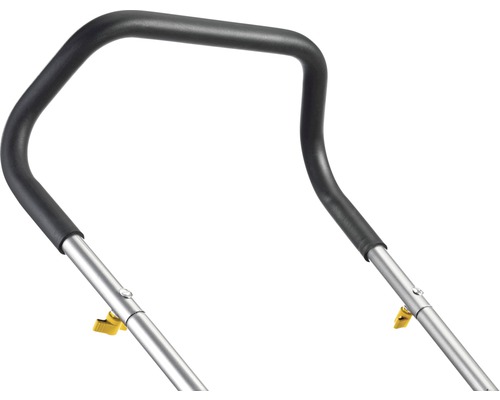 Griff eines Rasenmähers aus Metall und Kunststoff
