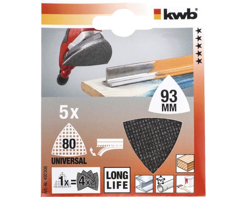 KWB Schleifblätter Set, Körnung 80, 93 mm, geeignet für Holz, Metall und Kunststoff