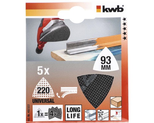 KWB Schleifblatt-Set mit 5 Schleifblättern, Körnung 220, 93 Millimeter, Universal, geeignet für Holz, Metall und Kunststoff, lange Lebensdauer