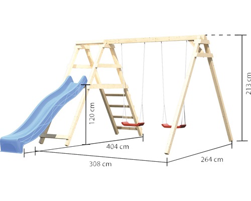 Spielturm aus Holz mit Rutsche und Schaukel mit Maßangaben