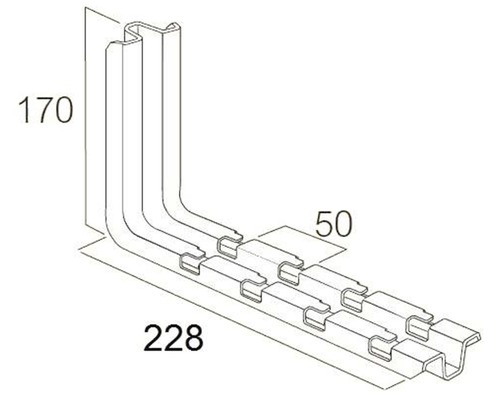 Skizze einer Eckverbindung mit den Maßen 170, 50 und 228 Millimeter.