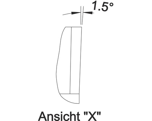 Technische Zeichnung mit der Ansicht X und einem Winkel von 1.5 Grad