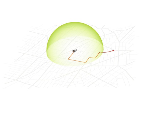 Darstellung eines Gebäudes mit Sicherheitsbereich und Route auf einer Karte