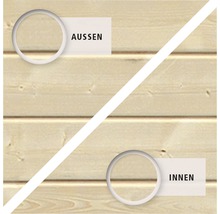 Holzwand mit Kennzeichnung für Außen und Innen