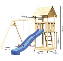 Holzspielturm mit Schaukel, Rutsche und den Maßen 291 x 240 x 264 cm