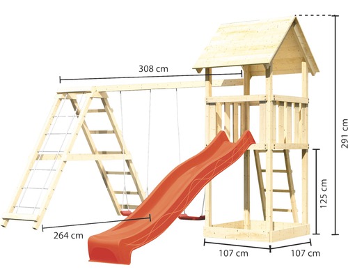 Spielturm mit Schaukel, Kletterwand und Rutsche mit Maßangaben