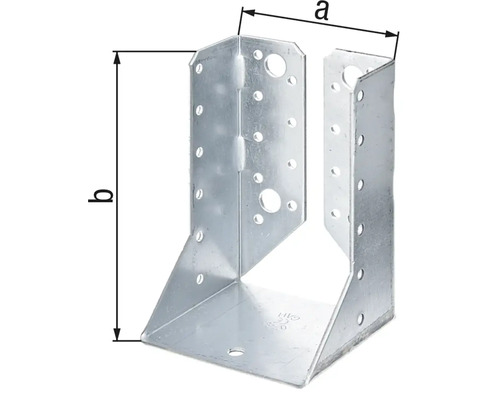 Pfostenträger aus Metall mit Löchern und Größenangaben
