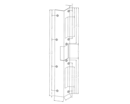 Technische Zeichnung eines Türschließblechs mit Maßangaben