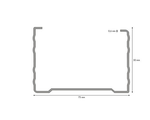 Schema für Metallprofil mit den Maßen 75 mm Breite und 50 mm Höhe