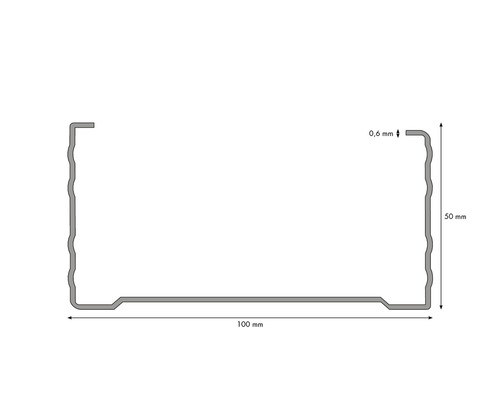 Technische Zeichnung eines Metallprofils mit den Maßen 100 mm x 50 mm und einer Dicke von 0,6 mm.