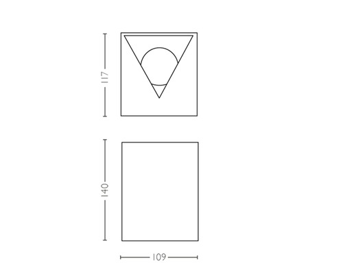 Technische Zeichnung mit Abmessungen eines Produkts: 117 x 109 x 140 mm