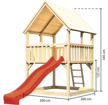 Spielturm aus Holz mit Rutsche, Leiter und den Maßen 345 x 200 x 200 cm.