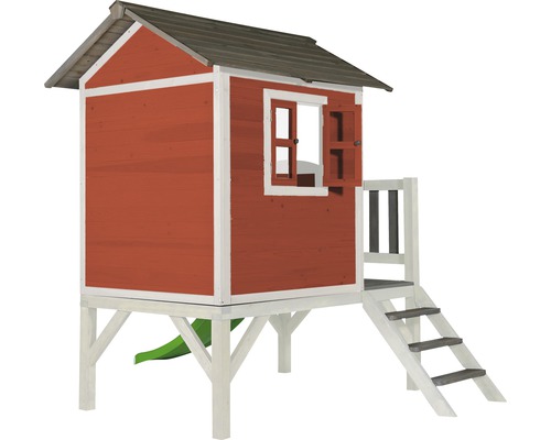 Spielhaus aus Holz mit Rutsche, Treppe und Fenster