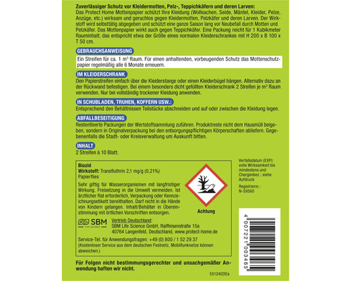 Informationen zum Protect Home Mottenpapier mit Hinweisen zur Anwendung und Entsorgung