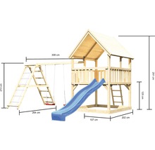 Spielturm aus Holz mit Schaukel, Kletterwand und Rutsche mit Größenangaben