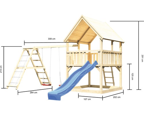 Spielturm aus Holz mit Schaukel, Kletterwand und Rutsche mit Größenangaben