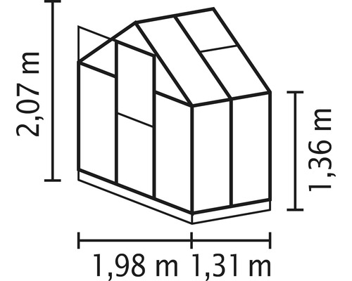 Maße des Gewächshauses als Strichzeichnung: 2,07 Meter Höhe, 1,36 Meter Seitenhöhe, 1,98 Meter und 1,31 Meter Breite.
