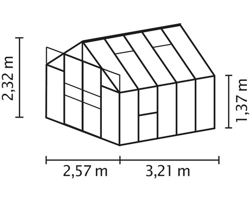 Abbildung eines Gewächshauses mit den Maßen 2,32 m Höhe, 2,57 m Breite und 3,21 m Länge