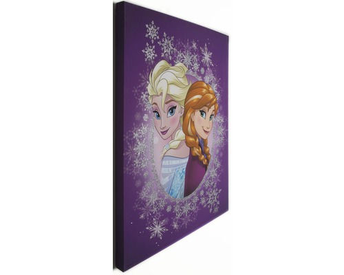 Leinwanddruck mit den Charakteren Anna und Elsa aus Die Eiskönigin, umgeben von Schneeflocken