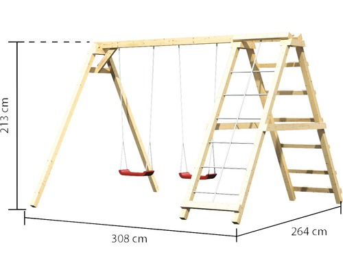 Spielgerüst aus Holz mit zwei Schaukeln und Kletterleiter, Maße 213 x 308 x 264 cm