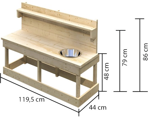 Holz Gartenspüle mit den Maßen 119,5 cm x 44 cm x 86 cm