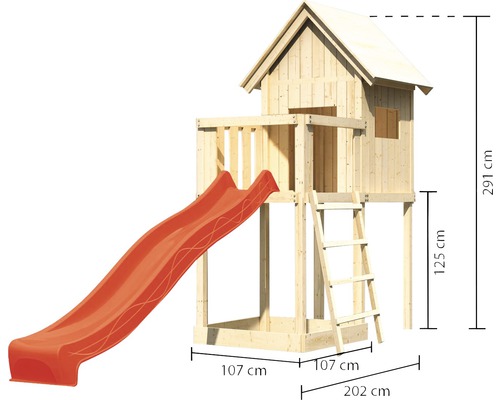 Spielturm aus Holz mit Rutsche und Leiter sowie Höhenangaben