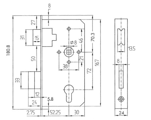 Technische Zeichnung eines Einsteckschlosses mit Maßen