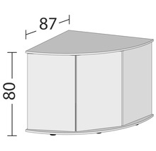 Illustration eines Eckunterschranks mit den Maßen 87 mal 80 Zentimeter.