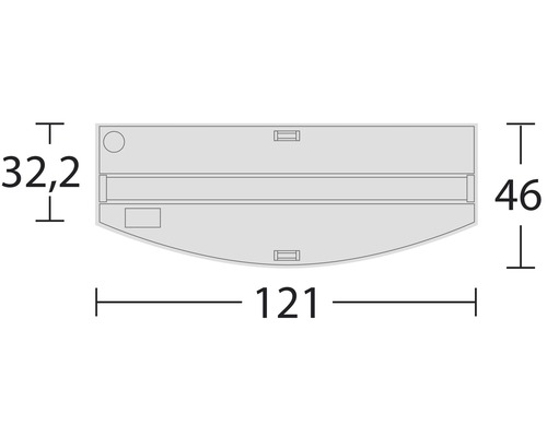 Technische Zeichnung mit den Maßen einer Abdeckung: 121 cm breit, 46 cm hoch und 32,2 cm tief.