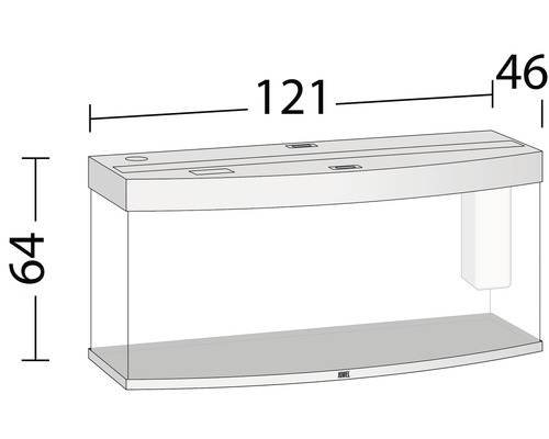 Aquarium mit Maßangaben: 121 cm Länge, 46 cm Breite, 64 cm Höhe