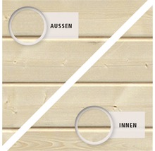 Holzblockwand mit Darstellung der Außenseite und Innenseite