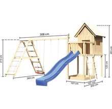 Stelzenhaus AKUBI Frieda Holz mit Sandkasten, Klettergerüst, Doppelschaukel, Rutsche blau