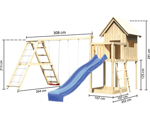 Holzspielturm mit Schaukel, Rutsche und Leiter mit Abmessungen